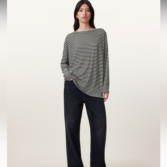 ALLSAINTS - Rita LS Relaxed Fit Striped T-Shirt Slash Neckline Top Size XS - Picture 4 of 11